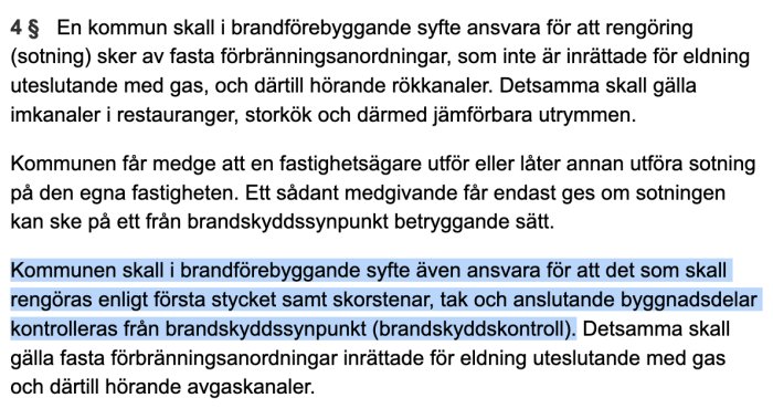 En skärmdump av ett lagtextavsnitt som beskriver kommunens ansvar för brandskyddskontroll enligt lagen om skydd mot olyckor.