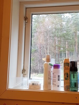 Badrum med fönster och flera hygienprodukter på fönsterbrädan, utsikt mot skog.