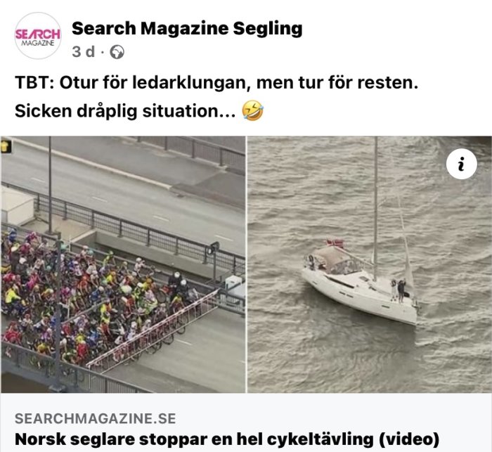 Segelbåt blockerar en bro medan en stor grupp cyklister väntar.