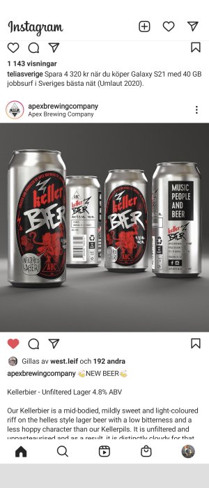 Ölburkar med etiketten "Keller Bier" från Apex Brewing Company, svart och röd design med text.