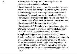 Dokument med text som beskriver byggregler för nockhöjd och takvinkel på ett planeringsområde.