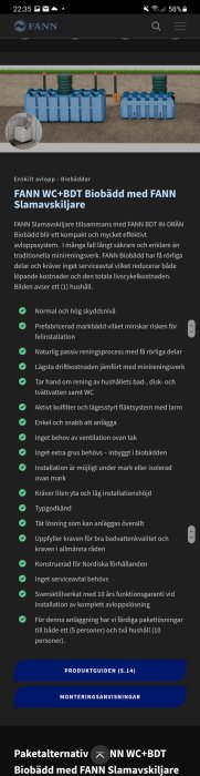 Skärmdump av en webbsida om FANN WC+BDT biobädd med slamavskiljare för avloppshantering.