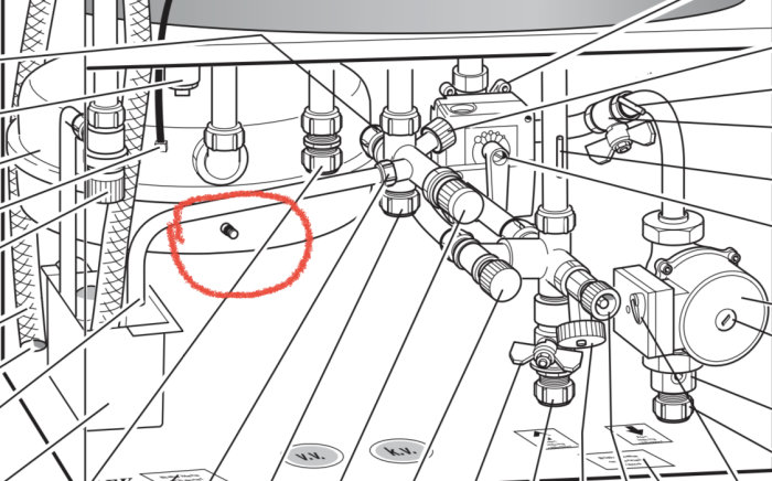 Illustration av VVS-installation med rör, ventiler och cykelventil inringad i rött.