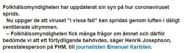 Textblock som förklarar Folkhälsomyndighetens uppdaterade syn på luftburen spridning av coronaviruset, citerat av representant.