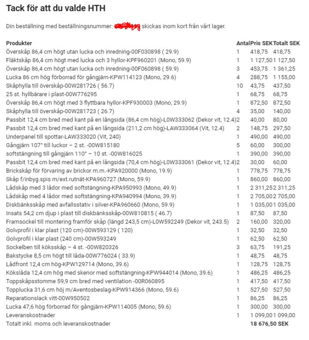 Skärmdump av en faktura från HTH kök med detaljerad lista över köpta köksprodukter och totalpriset på 18676 SEK.