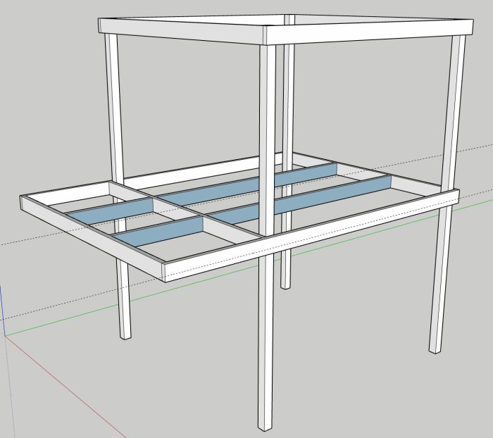 3D-skiss av en träkojstruktur med fyra stolpar och golvramar, avsedd för byggplanering.