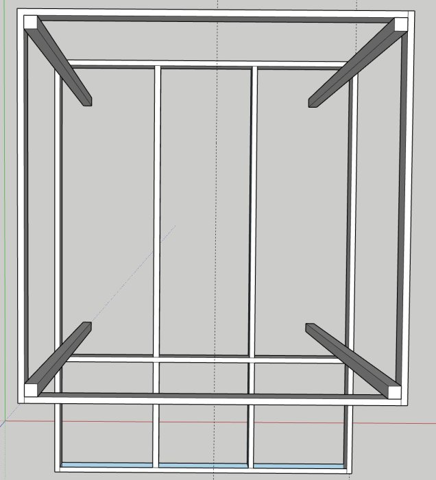 3D-skiss av stomme till koja med pelare och reglar, planering för plintar och träkonstruktion.