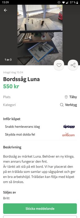 Bordsåg Luna på trälåda, behöver ny klinga, med instruktionsbok framför och utomhus bakgrund.