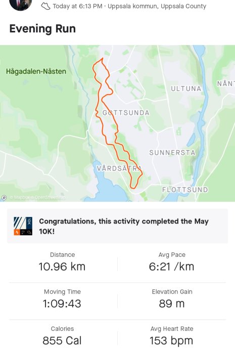 Kartöversikt av löprunda på 10.96 km i Uppsala markerad med röd linje, inklusive löpstatistik.