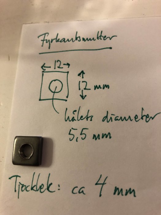 En fyrkantig insatsmutter vid sidan om en handritad skiss med måttangivelser för muttern.