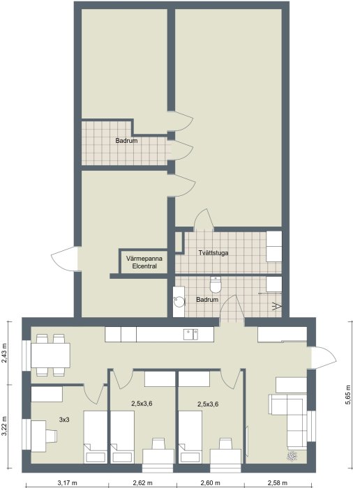 Skiss av tänkt planlösning för källartillbyggnad med dimensioner, rum och möblering.