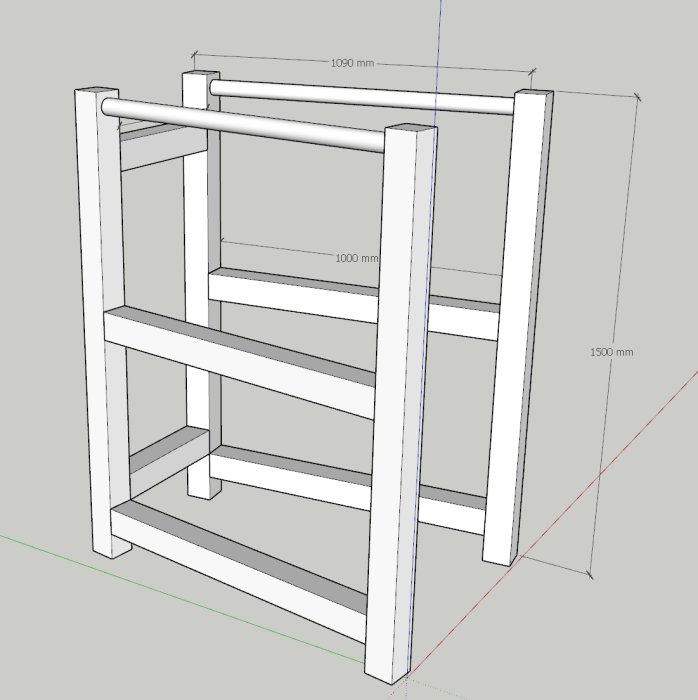 3D-skiss av en dipsställning konstruerad av trä med måttangivelser, designad för utomhusbruk.