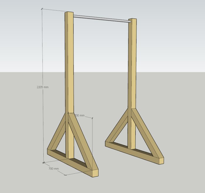 3D-modell av en chinsställning i trä med måttangivelser.