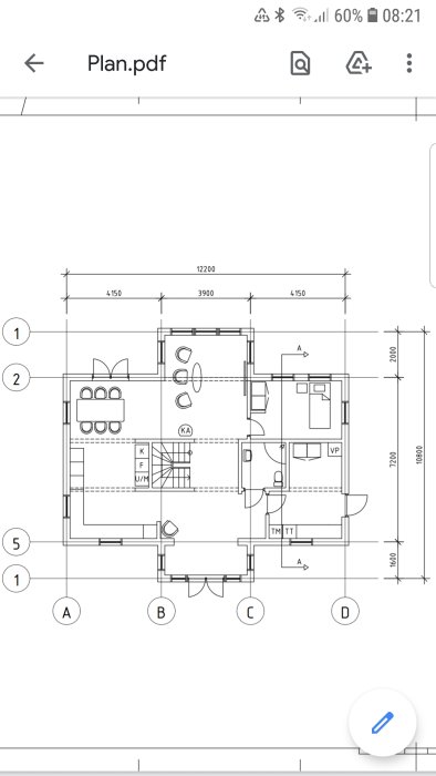 Ritning av ett enplanshus, visar planlösning med kök, vardagsrum och badrum.