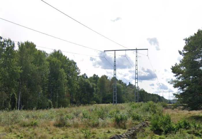 Höga kraftledningsstolpar med ledningar genom ett skogslandskap och öppen äng.