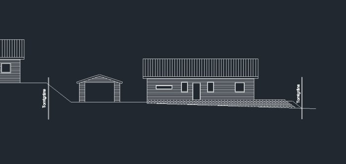 Arkitektonisk ritning av hus med markerade slänter mot grannens tomt.