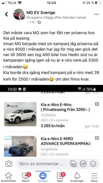 Skärmdump av Facebook-inlägg om kampanjpriser på Kia e-Niro bilar med leasingerbjudanden.