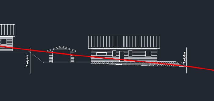Sidovy av en sluttande tomt med marknivålinje och hus, indikerar hur slänter fördelas på tomten.