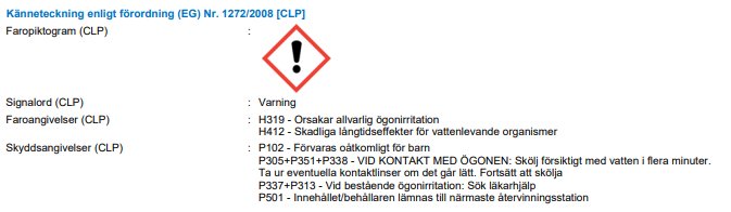 Etikett med varningssymbol och säkerhetsinstruktioner enligt förordning (EG) nr. 1272/2008 (CLP).