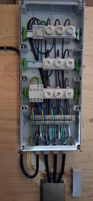 Elcentral med öppen kapsling som visar säkringar, kablar och anslutningar på en trävägg.