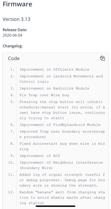 Skärmdump av firmware uppdateringslogg med listade förbättringar och buggfixar.