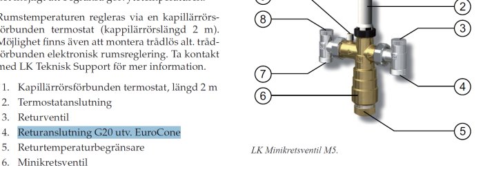 LK Minikretsventil M5 för golvvärme med märkta komponenter inklusive returanslutning.