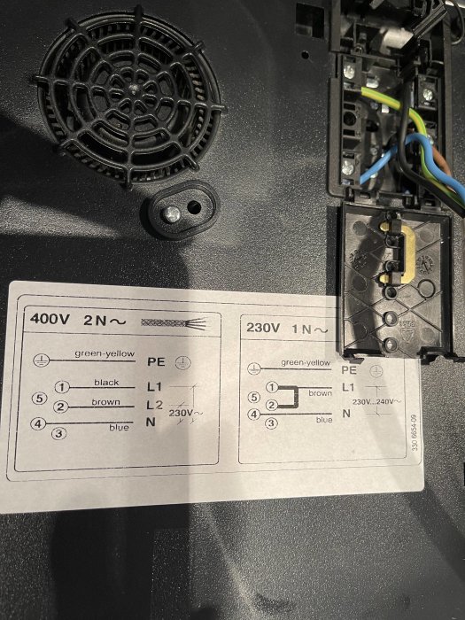 Öppet eluttag med instruktionsklistermärke och anslutna kablar, indikerar en installation eller reparation.