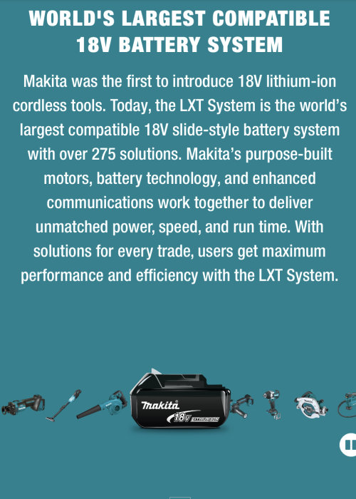 Makita 18V LXT batterisystem och elverktyg från samma serie.