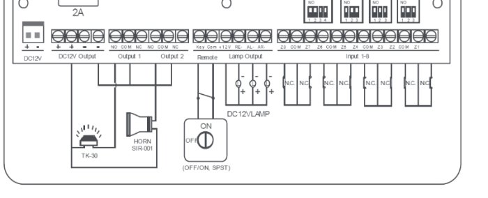 Schematisk bild av anslutningsdiagram för en centralenhet med extern nyckelbrytare eller kodlåsanslutning.