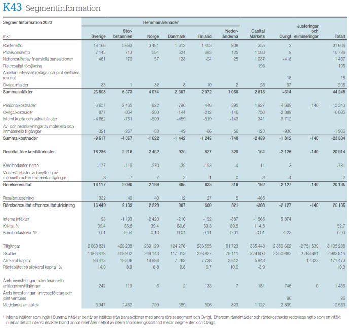 Tabell över segmentinformation för 2020 med kolumnerna för olika länder och finansiella värden som räntenetto och kostnader.