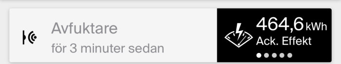Display visar en avfuktare är påslagen i 3 minuter med total förbrukning på 464,6 kWh och ikoner för elektrisk effekt.