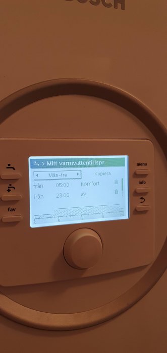 Displaypanel för varmvatteninställningar med texten 'Mitt varmvattentidspr.' visande schema från 05:00 till 23:00.