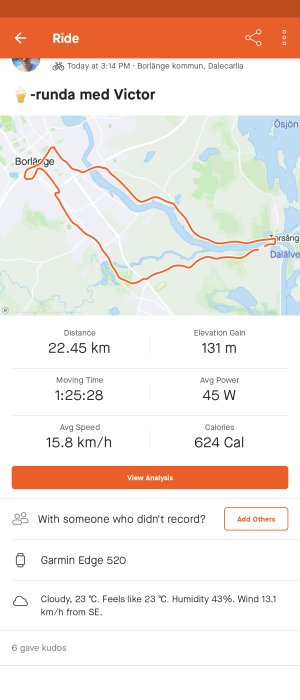 Skärmdump av cykelaktivitet med karta, sträcka 22.45 km, tid 1:25:28 och detaljerad statistik.