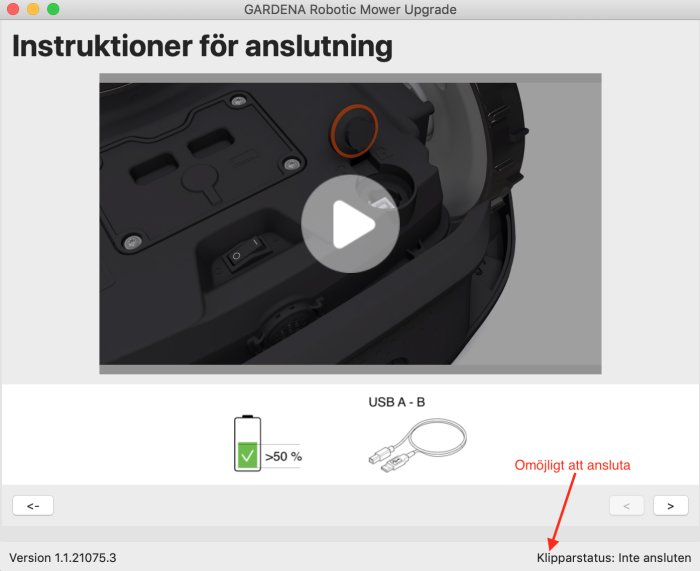 En skärmdump som visar instruktioner för uppdatering av programvara på en Gardena Sileno+ robotgräsklippare.