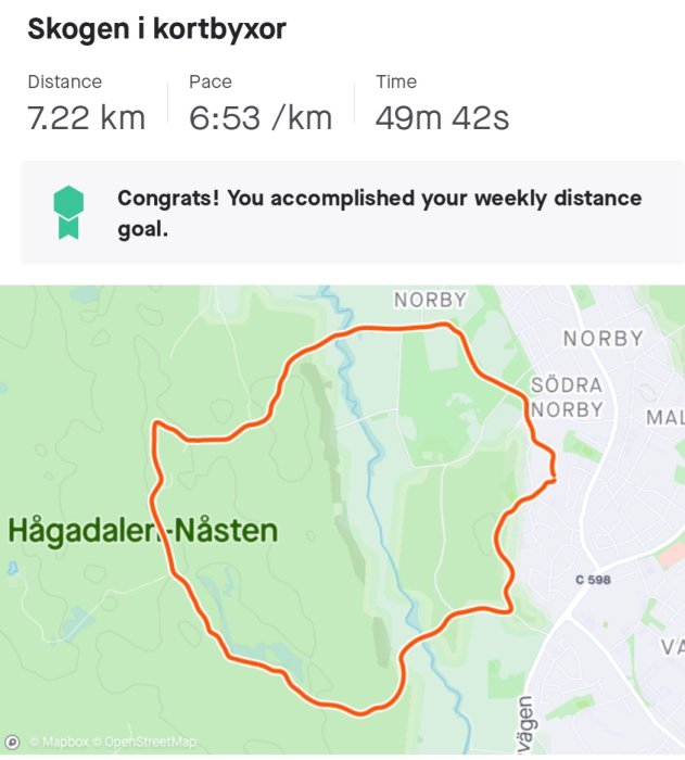 Karta med ruttmarkerad i orange som visar en tillryggalagd sträcka på 7.22 km i Hägadalen-Nåsten.