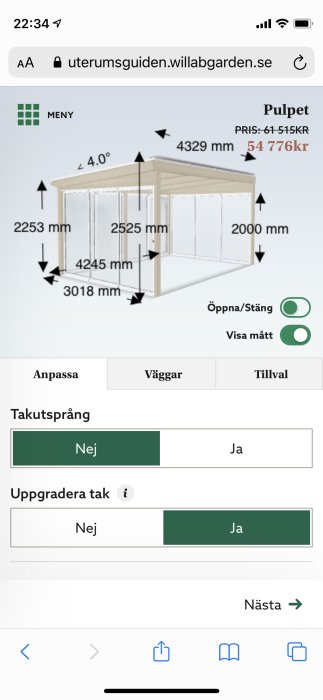 Skärmbild av Willab Gardens konfigurator för uterum med mått och pris för ett pulpettak.