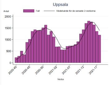 Histogram över COVID-19 fall i Uppsala över tid med medelvärde för de senaste 3 veckorna.
