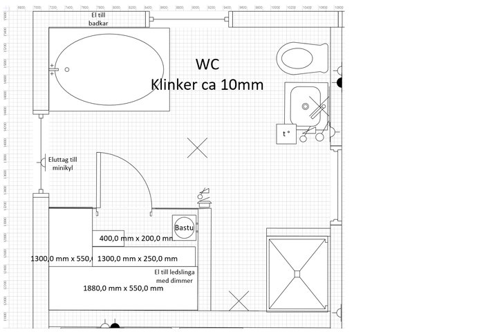 Planritning av ett badrum med badkar, WC, bastu och dimensioner angivna.