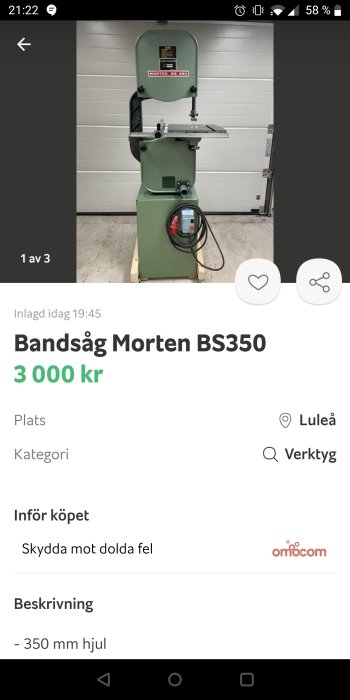 Bandsåg Morten BS350 med grön ställning och arbetsbord på betonggolv mot vit vägg.