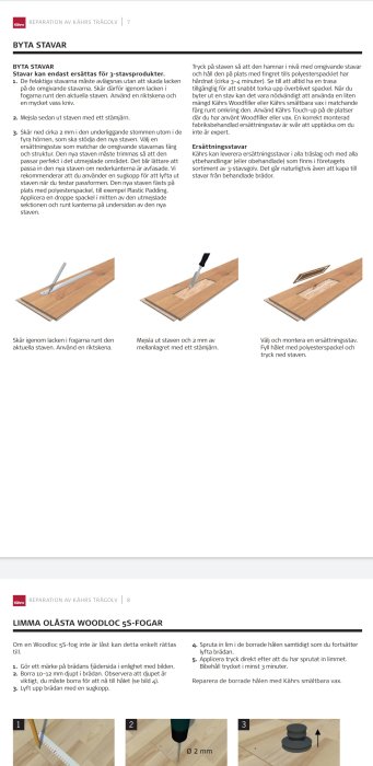 Instruktionsbilder för byte och reparation av parkettstavar med textbeskrivningar och verktyg.