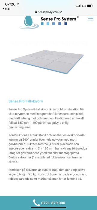 Skärmdump av Sense Pro Systems webbsida som visar information om deras fallskivor.