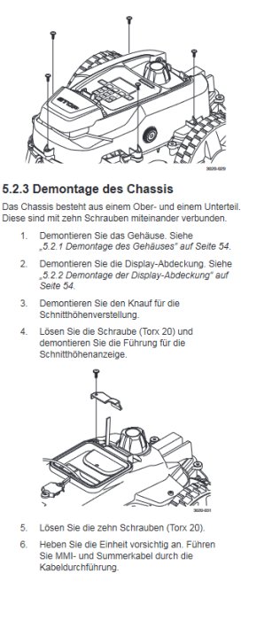 Illustration av demontage av chassit från en handbok, med steg-för-steg instruktioner och delar märkta på tyska.