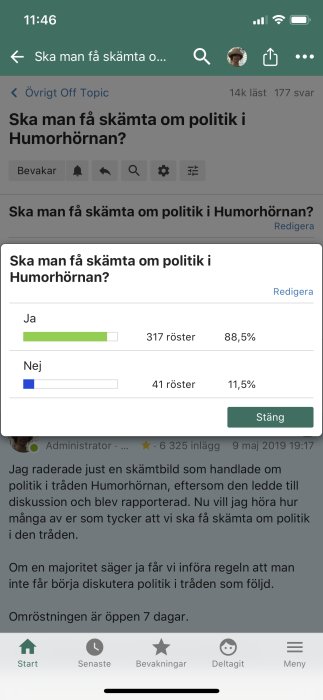 Skärmdump från forumtråd med omröstning om skämt om politik i humorsektionen, 88,5% ja-röster.