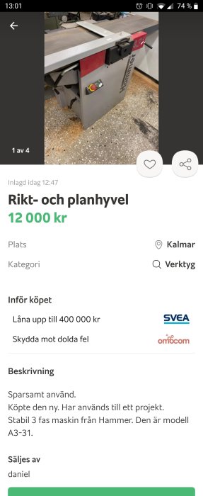 Hammer A3-31 kombinerad rikt- och planhyvelmaskin i verkstaden.