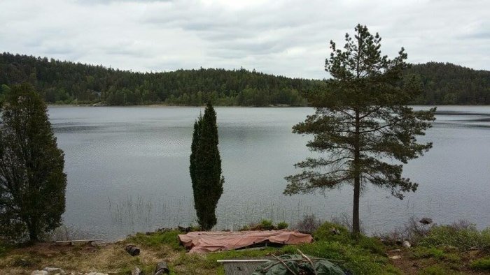 Vy över en ojämn gräsmatta med utsikt över en sjö, omgiven av träden, med en stenslänt och jord synlig i förgrunden.