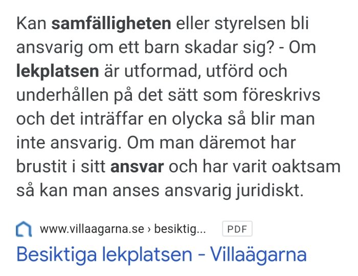 Skärmdump av webbläsare visar text om ansvar vid olyckor på lekplatser samt en länk till en PDF.
