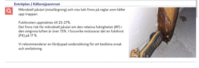 Bild av missfärgad träregel i krypgrund med fuktmätare som visar hög fuktprocent.