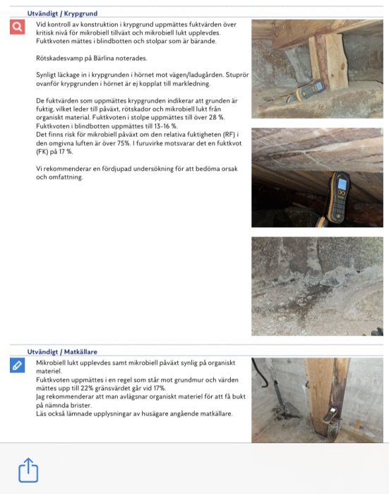 Fuktindikator visar hög fuktighet på träbjälke och stolpar i krypgrund under besiktning.