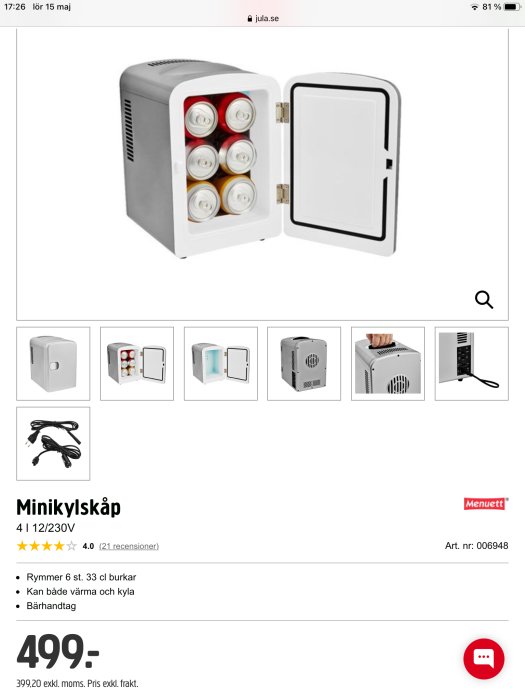 Minikylskåp öppet med sex burkar dryck, på en onlinebutiks produktbeskrivningssida.