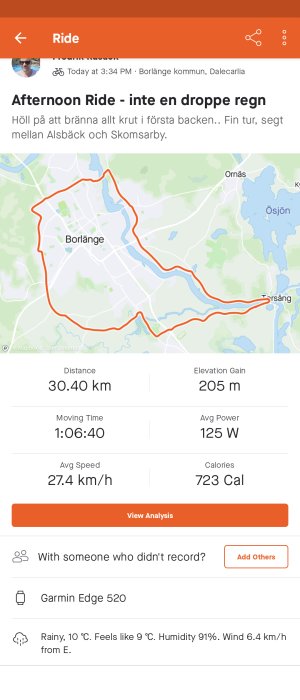 Skärmdump från aktivitetsspårningsapp som visar statistik för en cykeltur på 30,40 km utan regn i Borlänge, Dalarna.